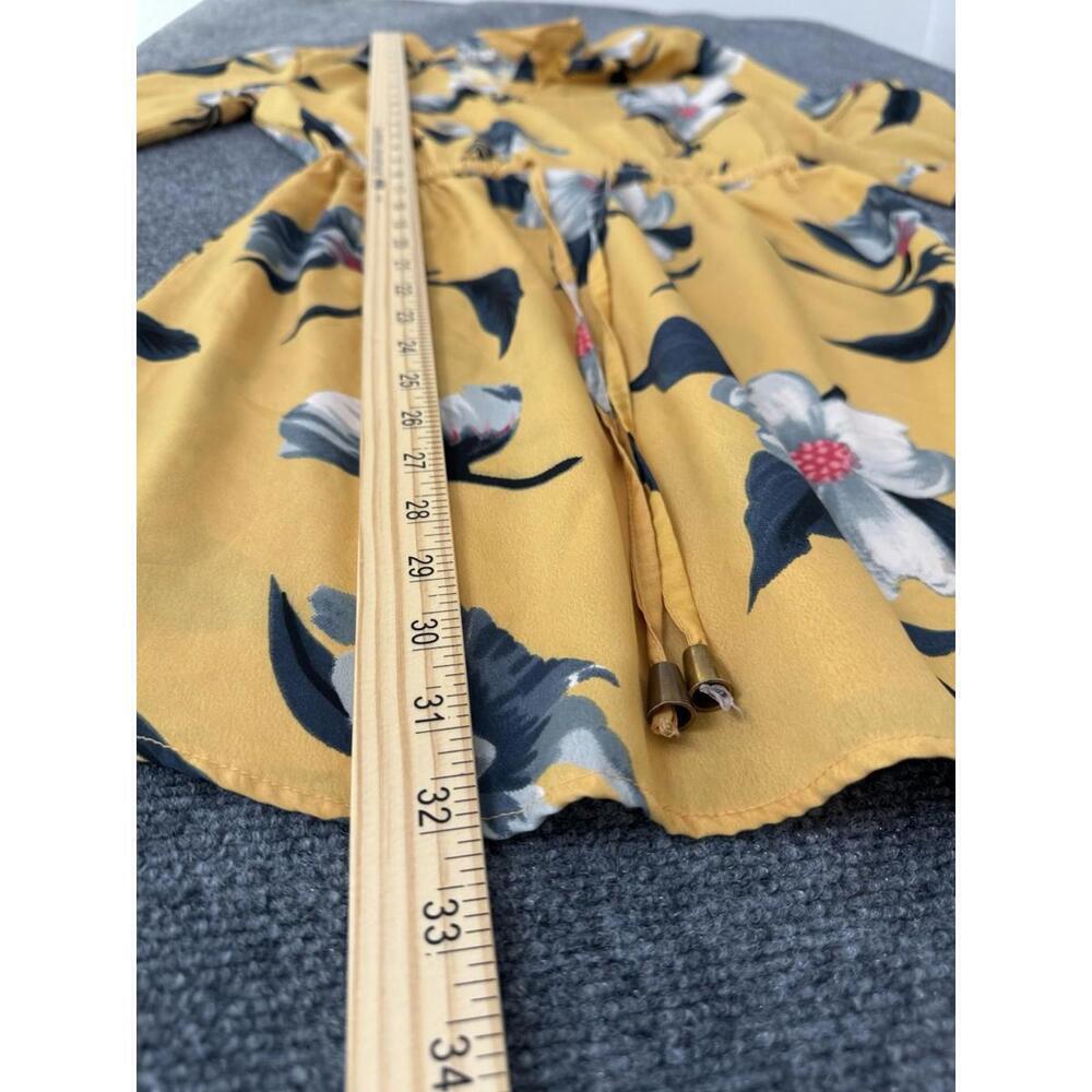 Hint of Blush Yellow Floral Mini Dress S 3/4 Sleeve Draw String Waist Boho - Picture 7 of 8